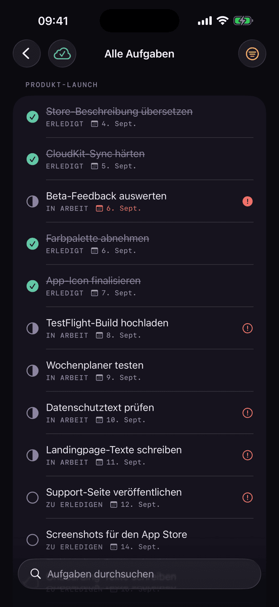 Kanban Planner auf dem iPhone — „Alle Aufgaben“ im Plan „Produkt-Launch“, erledigte Karten durchgestrichen