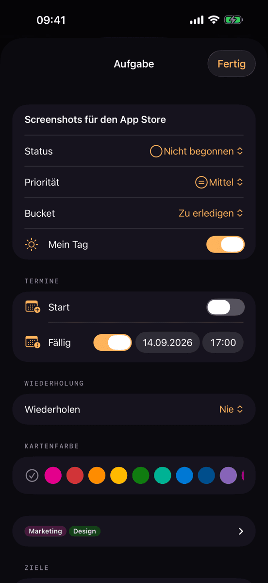 Kanban Planner auf dem iPhone — Detailansicht der Karte „Screenshots für den App Store“: Status, Priorität, Bucket, „Mein Tag“, Termine, Wiederholung, Kartenfarbe und Labels