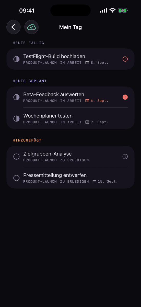 Kanban Planner auf dem iPhone — „Mein Tag“ mit den Abschnitten „Heute fällig“, „Heute geplant“ und „Hinzugefügt“