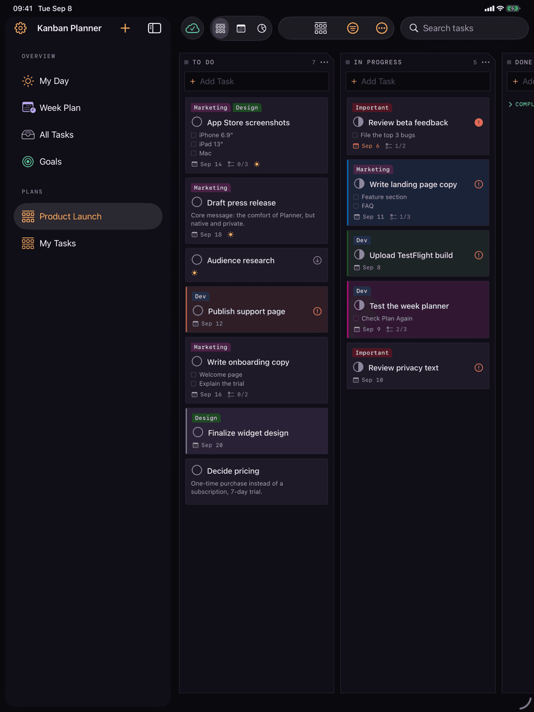 Kanban Planner on iPad in dark mode — sidebar with overview and plans, next to it the “Product Launch” plan with several buckets side by side