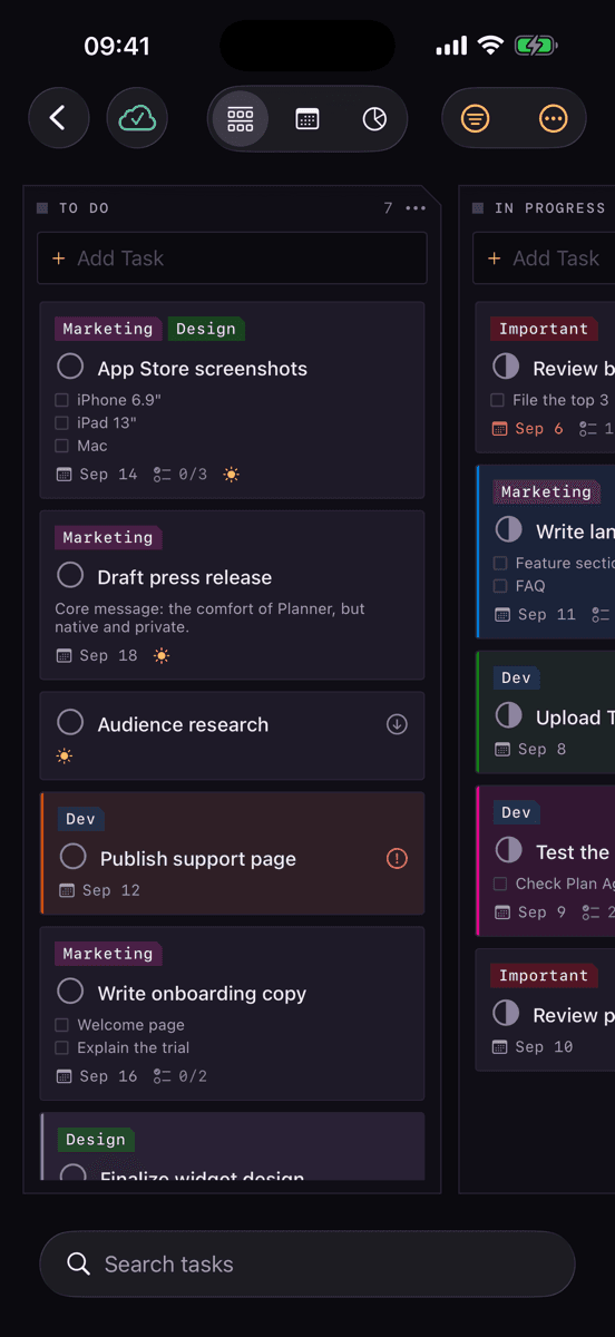 Kanban Planner on iPhone — The “Product Launch” board in dark mode: the “To Do” and “In Progress” buckets, cards with labels, checklists and due dates