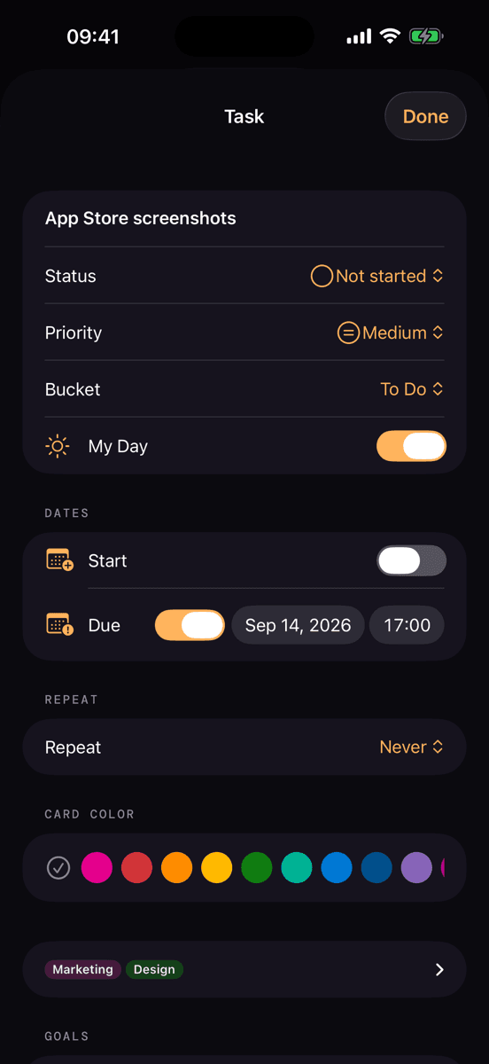 Kanban Planner on iPhone — Details of the card “App Store screenshots”: status, priority, bucket, My Day, dates, repeat, card color and labels