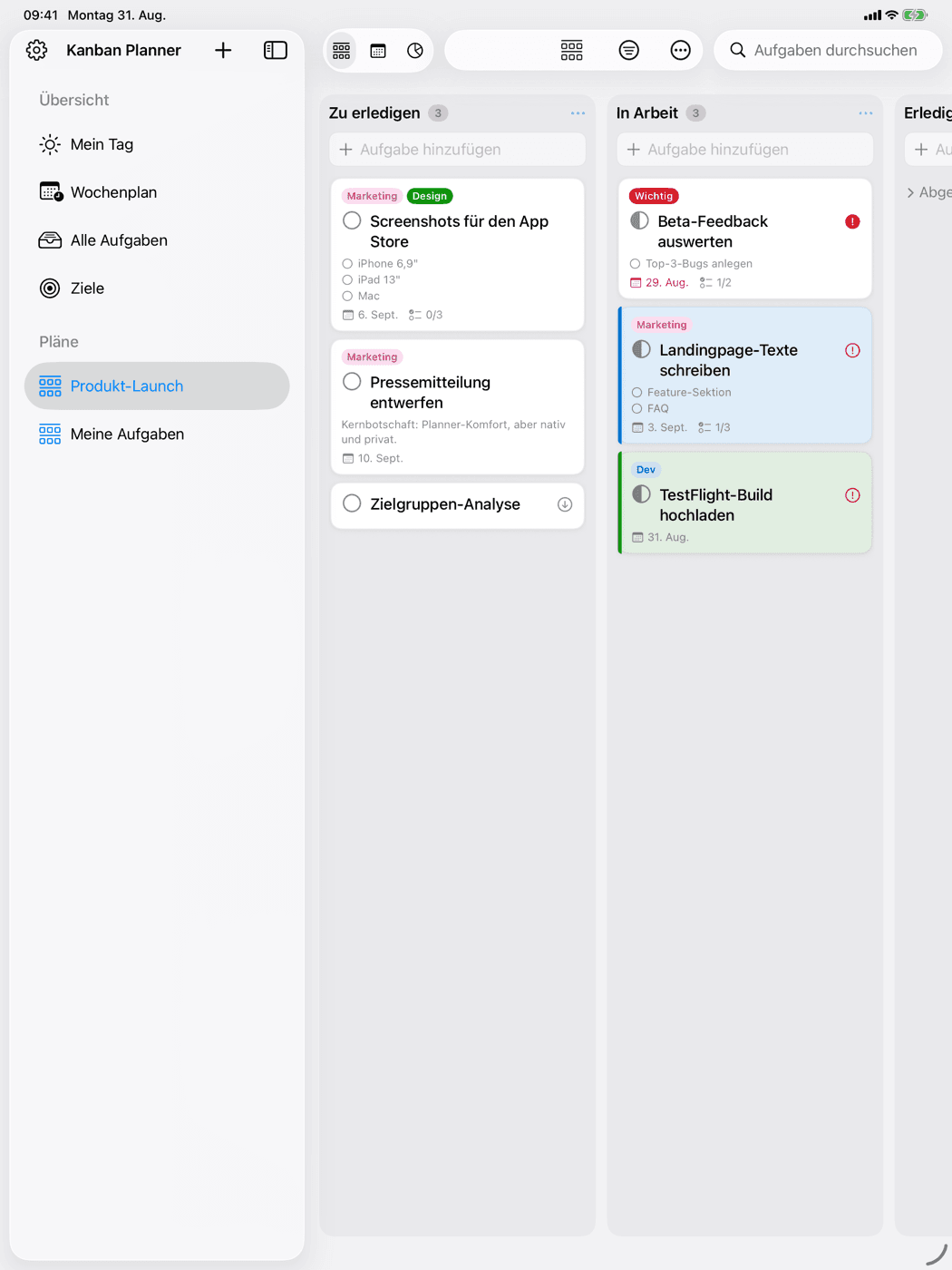 Kanban Planner on iPad — one plan with several buckets side by side